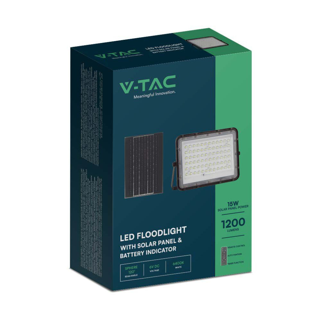 V-TAC Faro LED con Telecomando e Pannello Solare 15W Colore Nero 6400K IP65