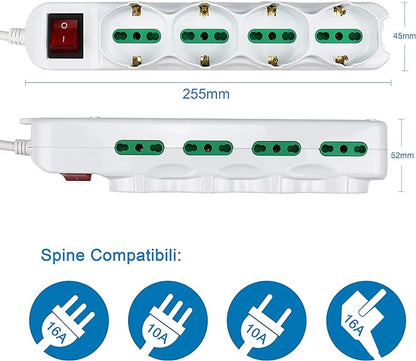 Extrastar Multipresa 12 Posti 4 polivalenti (schuko 10/16A) 8 bivalenti 10/16A, Colore bianco, Cavo 1.5 m - Spina 16A