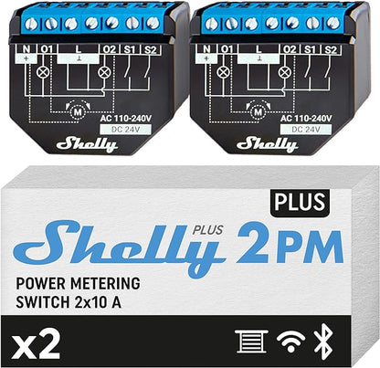 Shelly Plus 2PM - NR.2 Pezzi {Relè Interrutore con misurazione di consumo, 2 canali - 16A, Wi-Fi e Bluetooth, Per tapperelle, serrande, persiane, Compatibile con Alexa e Google Home, App iOS Android}