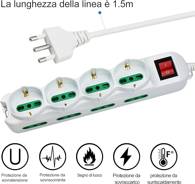 Extrastar Multipresa 12 Posti 4 polivalenti (schuko 10/16A) 8 bivalenti 10/16A, Colore bianco, Cavo 1.5 m - Spina 16A